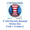 USA patriotic baseball sticker featuring red white and blue American flag stars stripes and baseball stitching, round waterproof vinyl decal measuring 2 inches