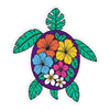 Colorful tropical floral sea turtle sticker with purple shell, pink yellow blue and white flowers, green leaf flippers, 4 inches tall by 3.75 inches wide