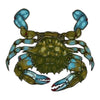 Realistic blue crab waterproof vinyl sticker with olive-green shell and bright blue claws, 3.75 inches tall by 4 inches wide, made by Real Sticky
