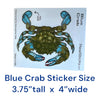 Realistic blue crab waterproof vinyl sticker with olive-green shell and bright blue claws, 3.75 inches tall by 4 inches wide, made by Real Sticky