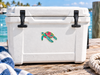 Colorful Sea Turtle Sticker on wet cooler. Sticker is waterproof