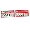 Two rectangular emergency warning signs with red borders and white centers, printed with the text 'IN CASE OF EMERGENCY PLEASE RESCUE MY: DOGS' along with blank boxes for a number, shown on a plain white background.