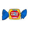 Doubles and Bubbles baseball double play sticker, colorful yellow red and blue retro bubblegum wrapper design, 4 inches wide by 2 inches tall