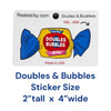 Doubles and Bubbles baseball double play sticker, colorful yellow red and blue retro bubblegum wrapper design, 4 inches wide by 2 inches tall