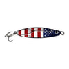 Freedom Flutter American flag fishing lure vinyl sticker featuring a 6-inch red, white, and blue saltwater jig with white stars, realistic fish eye, treble hook, and die-cut outline.