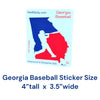 Georgia baseball sticker with red and blue state of Georgia outline and white baseball batter silhouette, waterproof vinyl decal measuring 4 inches tall by 3.5 inches wide
