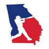 Georgia baseball sticker with red and blue state of Georgia outline and white baseball batter silhouette, waterproof vinyl decal measuring 4 inches tall by 3.5 inches wide