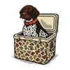German Shorthaired Pointer hunting buddy sticker featuring brown and white bird dog with orange collar sitting in camouflage cooler, waterproof vinyl, 4 x 3 inches