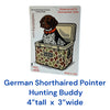 German Shorthaired Pointer hunting buddy sticker featuring brown and white bird dog with orange collar sitting in camouflage cooler, waterproof vinyl, 4 x 3 inches
