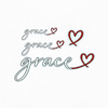 Grace Christian sticker sheet featuring three elegant black-and-white cursive Grace decals with red heart flourishes and two matching red heart stickers.