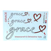 Real Sticky Grace vinyl sticker sheet with three Grace script stickers in 2.5, 3, and 5.5 inch sizes plus two red heart stickers, labeled waterproof, dishwasher safe, and made in USA.