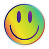 Groovy rainbow smiley face vinyl sticker featuring bright yellow, green, turquoise, and orange colors with purple eyes, a big happy smile, and a white circular die-cut border.