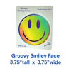 Groovy Smiley Face waterproof vinyl sticker measuring 3.75 x 3.75 inches, featuring a colorful rainbow gradient, purple eyes, and retro happy face design on Real Sticky retail packaging.