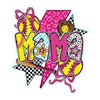 Groovy Softball MAMA waterproof vinyl sticker featuring colorful pink, turquoise, and yellow MAMA lettering, softball bows, leopard-print lightning bolts, checkerboard patterns, softball glove, and bat.