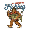 I'd Rather Be Fishing Bigfoot sticker featuring brown Sasquatch carrying a largemouth bass and fishing rod, waterproof vinyl decal measuring 4.5 x 3.75 inches