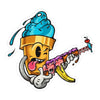 Ice Cream Gangster AR die-cut vinyl sticker featuring a winking cartoon ice cream cone with blue soft serve holding a colorful dessert-themed rifle with pink frosting, banana magazine, and cherry.