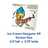 Ice Cream Gangster AR waterproof vinyl sticker measuring 3.5 inches tall by 3.75 inches wide, featuring a funny blue ice cream cartoon holding a colorful rifle on Real Sticky retail packaging.
