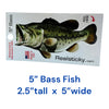 Real Sticky 5-inch largemouth bass fish vinyl sticker measuring 2.5 inches tall by 5 inches wide, displayed on Made in USA packaging labeled waterproof and dishwasher safe.