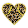 Leopard Heart Softball waterproof vinyl sticker featuring a heart-shaped tan and black leopard print design, bright yellow softball stitching, yellow outline, and white die-cut border.