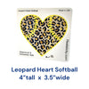 Real Sticky Leopard Heart Softball sticker measuring 4 inches tall by 3.5 inches wide, featuring leopard print with yellow softball stitches, displayed on Made in USA retail packaging.
