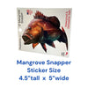 Real Sticky Mangrove Snapper waterproof vinyl sticker measuring 4.5 inches tall by 5 inches wide, featuring realistic saltwater fish artwork on Made in USA retail packaging.