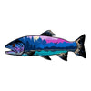 National Park Trout vinyl sticker featuring a detailed trout silhouette filled with purple sunset mountains, dark blue evergreen forests, turquoise water, and colorful wildlife illustration.