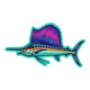 Neon sailfish vinyl sticker featuring vibrant purple, pink, blue and turquoise marine artwork with turquoise die-cut border.