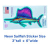 Real Sticky Neon Sailfish Sticker measuring 3 inches tall by 6 inches wide, waterproof and dishwasher safe, made in USA.