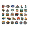 Outdoors mini sticker collection featuring 30 colorful camping, hiking, mountain, forest, wildlife and wilderness adventure designs arranged in five rows.