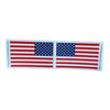 Pair of American flag vinyl stickers, standard and reverse orientation, each measuring 3.25 inches wide by 2 inches tall, made in USA by Real Sticky