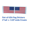 Pair of American flag vinyl stickers, standard and reverse orientation, each measuring 3.25 inches wide by 2 inches tall, made in USA by Real Sticky