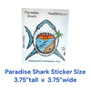 Paradise Shark waterproof vinyl sticker, 3.75 x 3.75 inches, featuring a tropical beach sunset, ocean waves, and palm tree inside a shark's open mouth. Made in USA by Real Sticky.