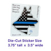 A die-cut sticker shaped like a wolf silhouette, printed with a black, white, and blue American flag pattern and the words 'Blue Line' and 'German Shepherd.' It is shown on a white backing card with text reading 'Die-Cut Sticker Size 3.