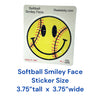 Softball Smiley Face waterproof vinyl sticker measuring 3.75 x 3.75 inches, featuring a distressed yellow happy face with black smile and red softball stitching on Real Sticky retail packaging.