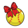 Softball with Big Red Bow die-cut vinyl sticker featuring a bright yellow softball with red stitching, an oversized glossy-style red bow, black outlines, and a white border.