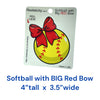 Real Sticky 4 x 3.5 inch Softball with Big Red Bow waterproof vinyl sticker displayed on Made in USA retail packaging with dishwasher-safe labeling.