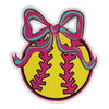 Softball with pink and blue bow die-cut vinyl sticker featuring a bright yellow softball, pink stitching, oversized pink and turquoise bow, heart-shaped center, and white border.