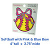 Real Sticky 4 x 3.75 inch waterproof softball vinyl sticker featuring a yellow softball with pink stitching and a pink and turquoise bow, displayed on Made in USA retail packaging.
