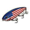 Stars & Strikes American flag fishing lure vinyl sticker featuring blue and white stars, red and white stripes, realistic fish eye, three silver treble hooks, and a white die-cut border.