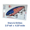 Real Sticky Stars & Strikes patriotic fishing lure sticker measuring 2.5 inches tall by 4.25 inches wide, displayed on Made in USA waterproof and dishwasher-safe retail packaging.