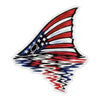 USA Redfish Tail Sticker with red white and blue American flag design and water reflection, waterproof vinyl fishing decal, 4 x 3.75 inches