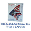 USA Redfish Tail Sticker with red white and blue American flag design and water reflection, waterproof vinyl fishing decal, 4 x 3.75 inches