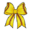 Yellow softball bow waterproof vinyl sticker featuring an oversized ribbon with red softball stitching, flowing tails, black hand-drawn outlines, and a white die-cut border.