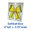 Real Sticky 4 x 3.75 inch Softball Bow vinyl sticker featuring a bright yellow ribbon with red softball stitching, displayed on Made in USA waterproof and dishwasher-safe retail packaging.