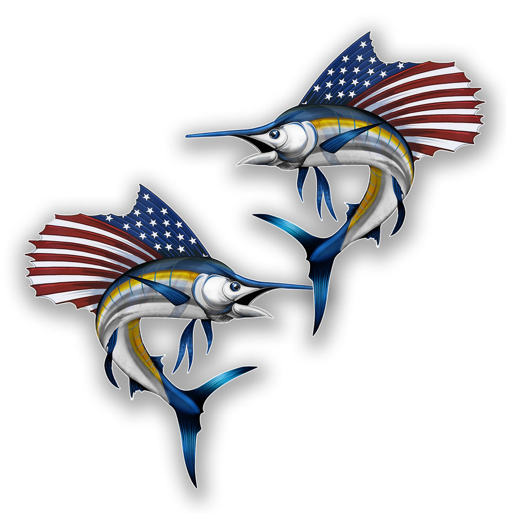 Pair Marlin USA Fish Flag 4 inch Sticker